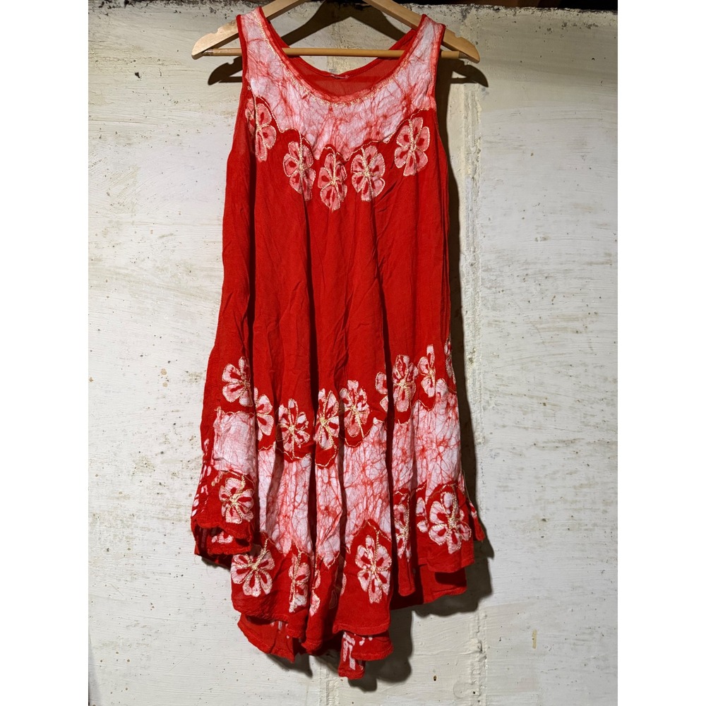 Red Floral Batik Embroidered Sleeveless Sharkbite Hem Boho Tunic Woman's Dress L